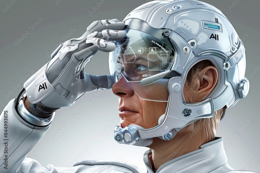 Aufkleber futuristic ai cyborg with augmented reality interface, advanced artificial intelligence technology
