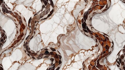 White, brown and beige marble abstract background with snake or reptile skin texture, polished granite surface, close-up view. Flat lay, top view. Stone backdrop for banner, wallpaper design