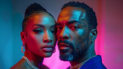 Fototapeta premium A captivating portrait of two people posed closely together under vibrant, colorful lighting that highlights their intricate tattoos and stylish jewelry