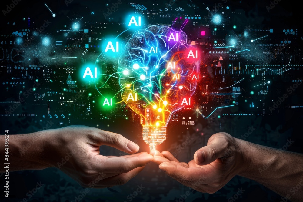 Aufkleber hands holding glowing ai brain, digital art of artificial intelligence, advanced neural networks