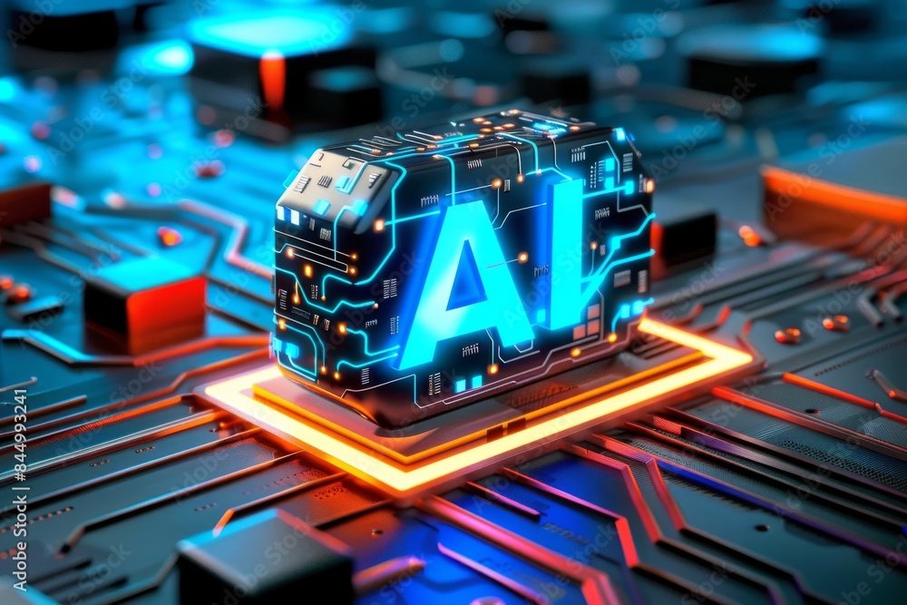 Aufkleber ai cube on circuit board, advanced artificial intelligence technology in a high tech setting