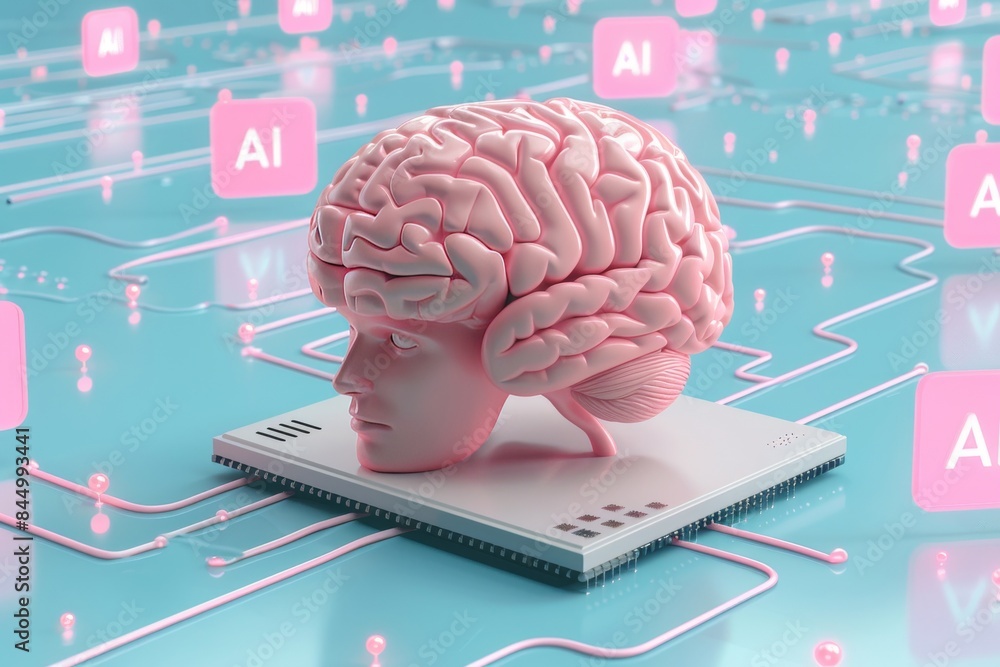 Aufkleber ai brain on circuit board, advanced artificial intelligence, digital technology in a high tech setti