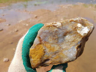 Large fragment of wet chalcedony in hand, rockhounding, field photo