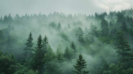 Scene of a forest shrouded in mist