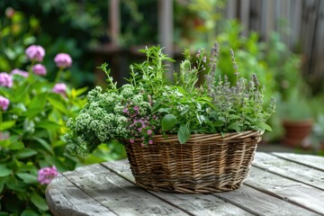 Assorted herbs in a basket on the outdoor table