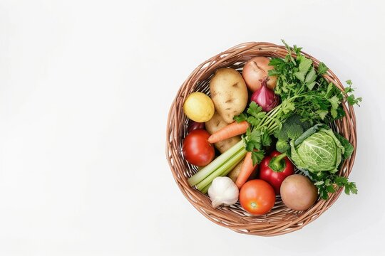 Assorted vegetables in basket on white background creatively arranged Promotes healthy eating with v