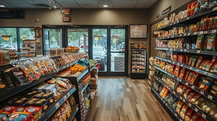 This image captures the interior of a modern convenience store with neatly arranged shelves stocked with various snacks, beverages, and other everyday essentials