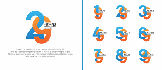 anniversary logo style set with blue and orange color can be use for celebration moment