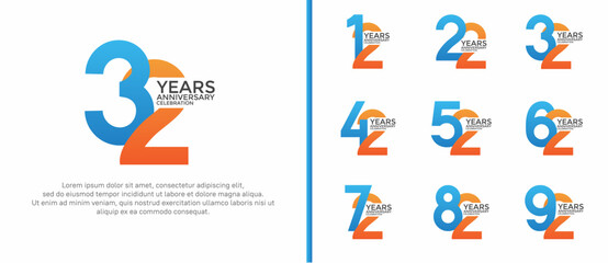anniversary logo style set with blue and orange color can be use for celebration moment