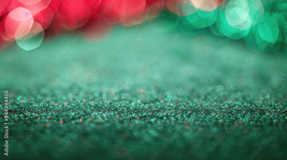 Poster green textured paper with christmas bokeh stripe and red green bokeh macro blank for business card o