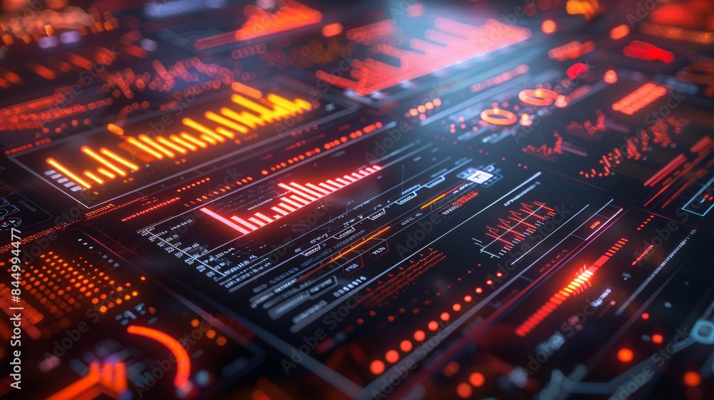 Poster a sleek 3d financial chart with glowing line graphs and arrows indicating growth on a dark backgroun