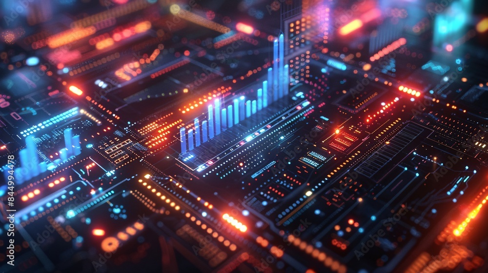 Poster a vibrant 3d render of rising bar graphs and investment icons on a digital banner with a futuristic 