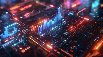 Obraz premium A vibrant 3D render of rising bar graphs and investment icons on a digital banner with a futuristic theme