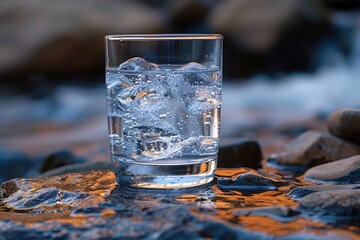 A crystal clear glass of ice water placed on wet river rocks with a natural stream flowing in the background, showcasing purity and refreshment