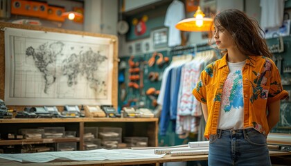Woman in a vintage shop looking at a map