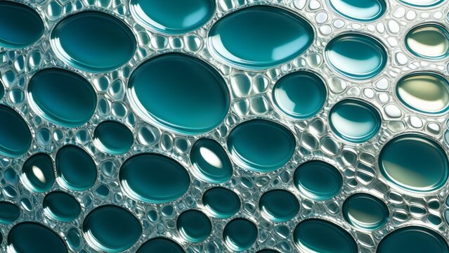Abstract teal bubble texture with glossy cells and a metallic mesh. Great for high-tech backgrounds, science presentations, skincare marketing, and futuristic UI designs or website wallpapers.