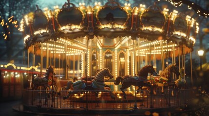Obraz premium The hazy dreamlike ambiance of a vintage carousel charm its intricate carvings and whimsical animals fading into a blurred magical backdrop. .