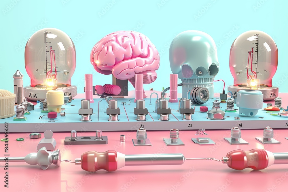 Poster AI Lightbulb Brains with Robotic Connections, Advanced Neural Networks, Futuristic Artificial Intelligence Technology, Industrial Setting