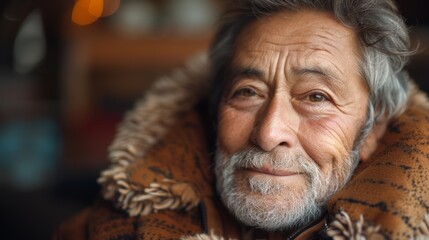 A photograph of an elderly man with a warm smile, wrapped in a thick, cozy jacket with a fur-lined hood, evoking feelings of warmth and wisdom