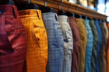 Obraz premium A row of colorful plaid trousers displayed on hangers in a clothing store, showcasing various patterns and vibrant colors under a bright, well-lit setting