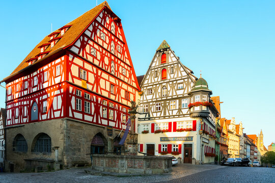 German traditional architecture half-timbered houses in historical center Rothenburg ob der Tauber, Bavaria, Middle Franconia, Germany, July 17, 2023