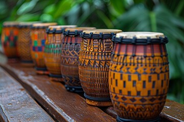 A selection of intricately designed traditional handmade wooden drums showcasing various colorful patterns, set against a blurred green natural background