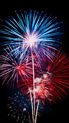 Red, white, and blue fireworks in the night sky.