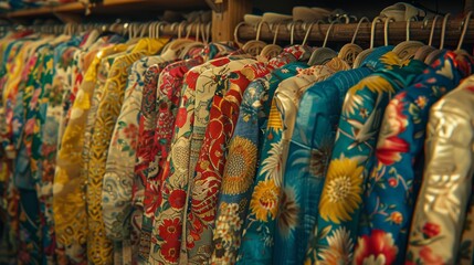 A vibrant collection of colorful, vintage Hawaiian shirts intricately hanging on wooden hangers in a tropical-themed boutique setting