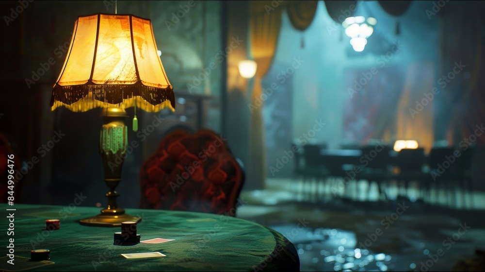 Poster mysterious poker parlor the dimly lit room and hazy defocused background sets the scene for a secret