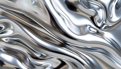 3d render of liquid silver metal abstract background, shiny chrome texture with waves and curves