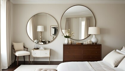 A pristine bedroom captured in high detail, featuring a round mirror above a dresser that reflects the room's calming and elegant ambiance.
