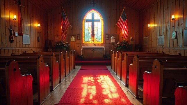 Warm and serene interior of a small wooden church with sunlight streaming through stained glass windows, creating a peaceful atmosphere