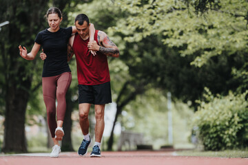 Fototapeta premium A fit man helps his girlfriend as she struggles with a leg injury during their morning jog in a lush park setting.
