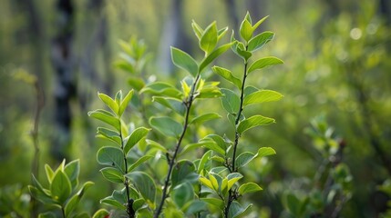 Close up of saskatoon berry bush foliage in spring forest