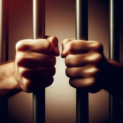 Mãos masculinas em close segurando as barras de ferro de um cárcere. 