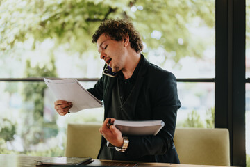 Busy businessman multitasking with documents and phone in a modern office, showcasing the challenges and fast-paced nature of business life.