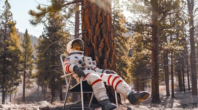 Astronaut relaxing on a chair by a pine tree on a sunny day, surreal and peaceful scene
 Seamless looping 4k time-lapse virtual video animation background. Generated AI