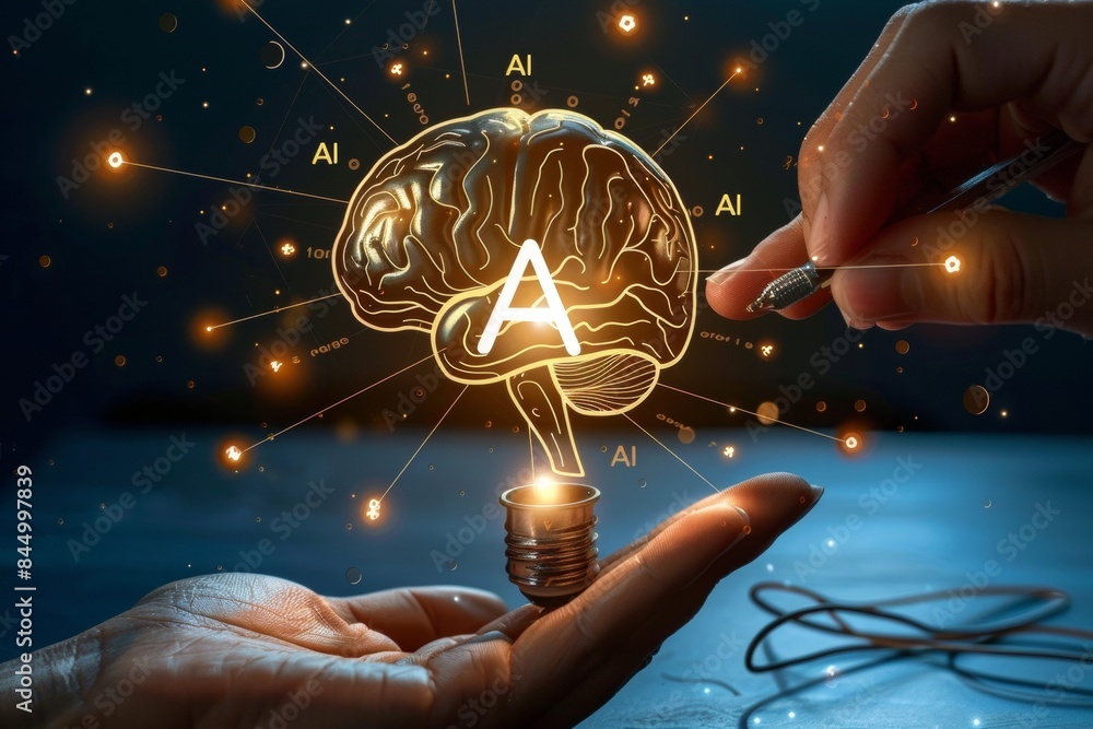 Poster ai brain in lightbulb, advanced neural networks, futuristic artificial intelligence concept, glowing