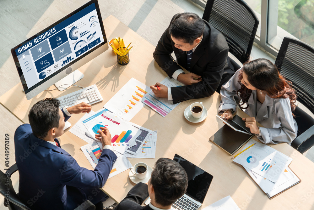 Poster human resources management software on computer screen helping human resources employee to manage re