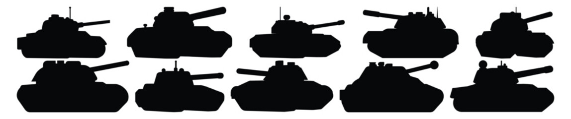 Tank silhouettes set, pack of vector silhouette design, isolated background