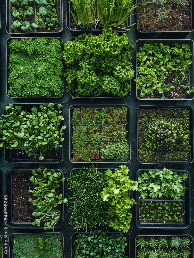 Poster A top-down view of a microgreen farm, showing rows of trays filled with different types of microgreens. Generative AI