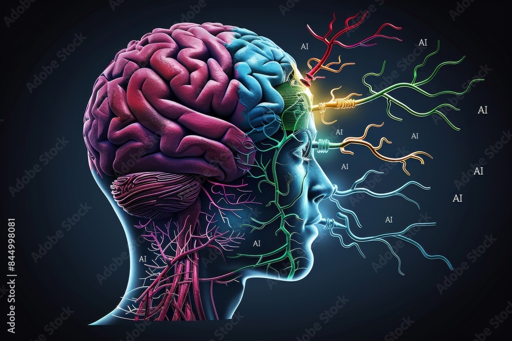 Poster dual ai brains with neon lights, advanced neural networks, futuristic artificial intelligence techno