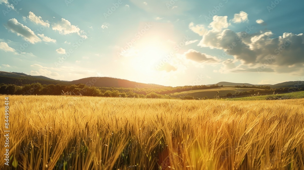 Sticker agricultural field with corn under sunlight and blue sky