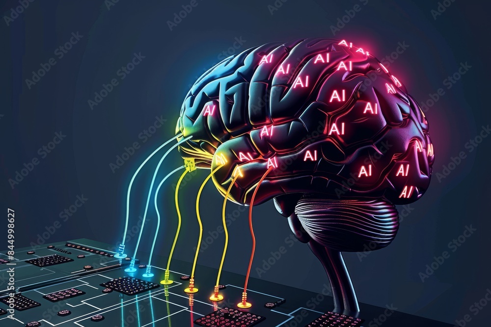 Poster ai brain with neon lights, advanced neural networks, futuristic artificial intelligence technology, 