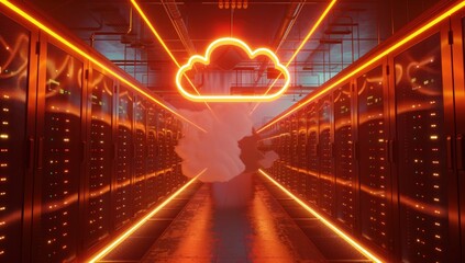 Obraz premium A glowing cloud symbol floats above rows of server cabinets in the middle, creating an atmosphere of digital technology and data storage with orange lighting.