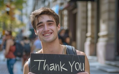 Good looking smiling young man holding a sign with Thank you words in the city street