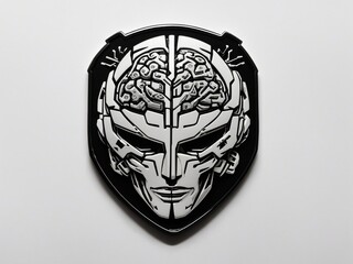 "Mechanized Insignia: Symmetrical Special Forces Badge Featuring Minimalist Stylized Cyborg Brain, Black Ink on White"