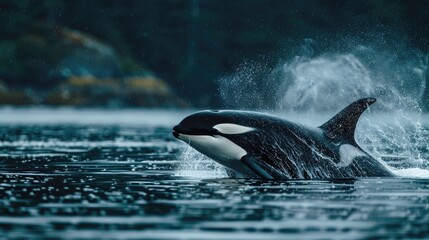 Fototapeta premium A killer whale gracefully moves through the water displacing it with ease