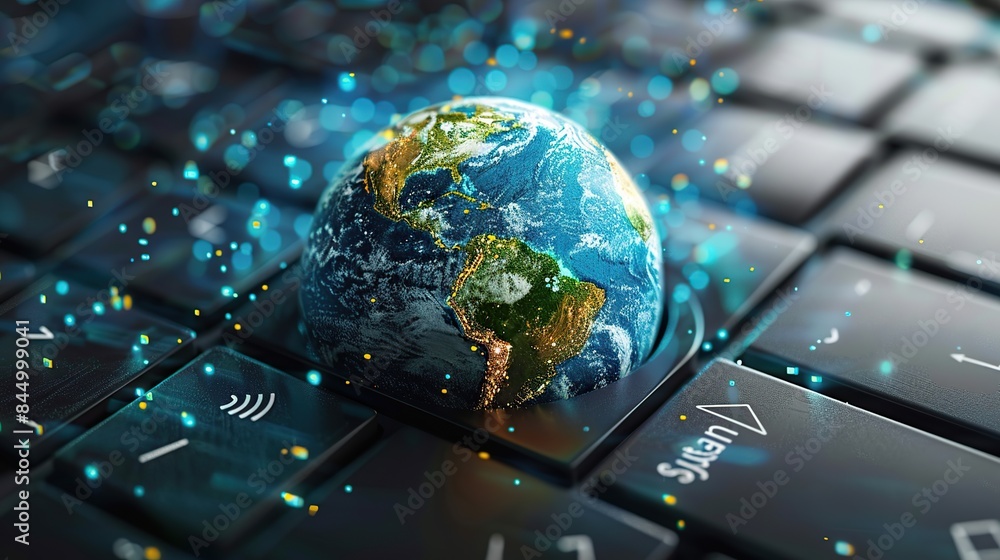 Poster global network connection: earth on a keyboard
