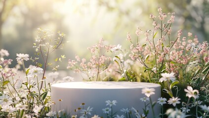 3d white podium with nature background with wild flowers, spring time, bright and airy scene